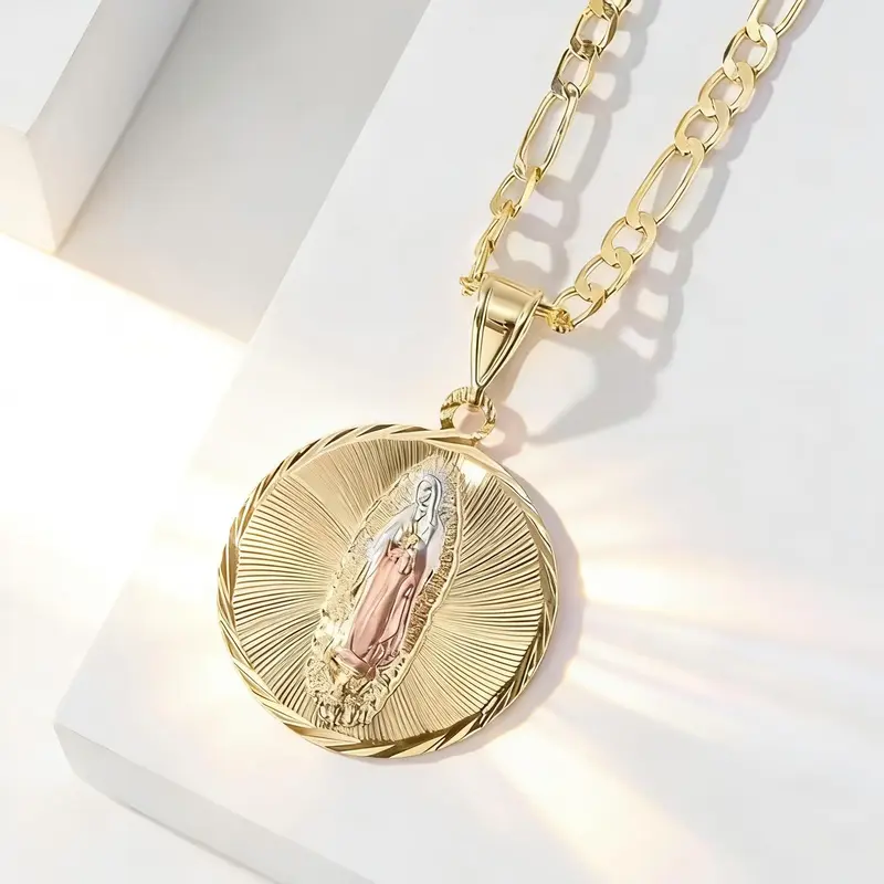 14K Gold Plated Copper Round Pendant Necklace Vintage Religious Guadalupe Jewelry Elegant Statement Piece for Daily Wear & Gifting