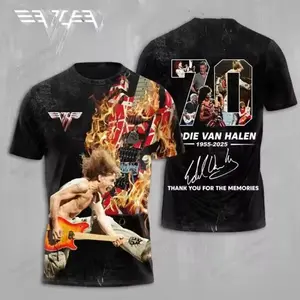 Women's Cotton Shortsleeve Round Neck Eddie Van Halen 70 Years 3D Print Shirt - 5150 40th Anniversary 2026 Tee, Guitar Legend, Neon 80s Electric Stage Flame Outfit