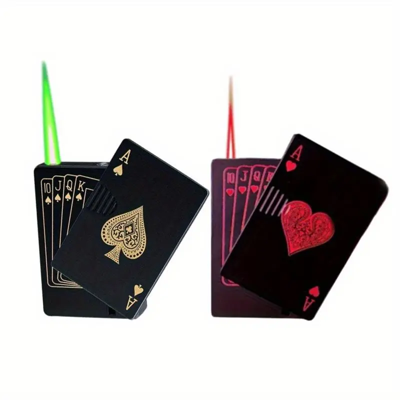 Hot-Selling Green/ Red Flame Ace Card Lighter, Jet Torch Lighter, Love Lighter, Refillable Butane Lighter, Ace of Spades Cool Lighter Windproof Poker Design, Suitable for Outdoor, Indoor, BBQ, Candle, Gift for Men/ Women, Without Gas(Butane Not Included)