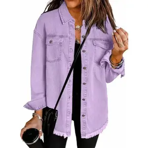 Frayed Hem Short Jacket Long Sleeve Pocket Denim Jacket Women Button Closure
