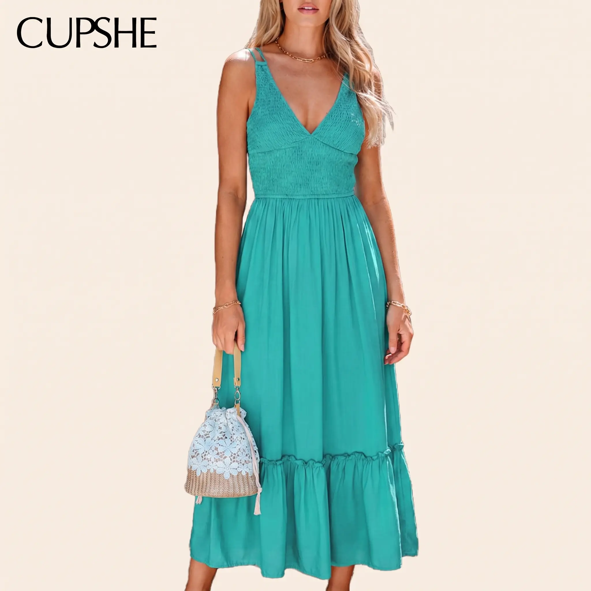 CUPSHE Women's Summer Flame Coral Plunging Neckline Woven Smocked Bodice Sleeveless Casual Classy Maxi Dress, Long Dress for Women,Casual Classy Dress, Maxi Dress For Women #summerfinds tiktokshopbacktoschool