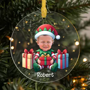 Custom Personalized Christmas Tree Ornament with Child's Photo, Elf Design, and Name - Festive Holiday Decoration for Kids - Perfect for Christmas Gift & Keepsake