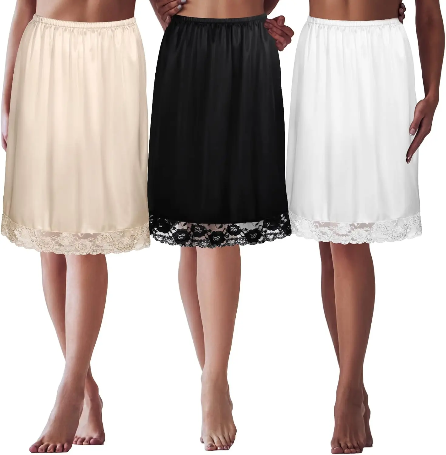 3 Pieces Half Slips for Under Dresses Skirt Extenders Skirt Womens Half Slip Satin Anti Static Lace Long UnderskirtGift.