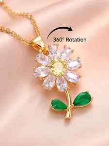 Cute White Daisy Flower Spinning Necklace Yellow Center Crystal Fidget Anxiety Relief Pendant Gift for Girls