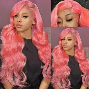 Hot Pink Body Wave 13*6 Lace Front Wigs Human Hair Glueless Wig Pre Plucked With Baby Hair 26 28 Inch 180 Density Soft Comfortable Pink Colored Body Wave Wig Human Hair For Women