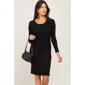 Black Brushed Knit Long Sleeve Wrap Nursing Dress