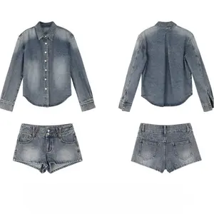 Elegant Sweet 2 Piece Skirt Sets Female Button Y2k Denim Jacket Coats + Cute Mini Skirts Japanese Vintage Jean Suits