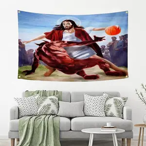 Jesus Basketball Tapestry Flag 3x5ft Heavy Duty Polyester Wall Hanging for College Dorm Room Man Cave Frat House Large Outdoor Indoor Decor