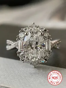 S925 Sterling Silver Elegant Oval Shaped Rhinestone Ring, Fashion Promise Ring for Women & Girls, Trendy All-match & Exquisite Clean Girl Jewelry for Birthday Gift, Solitaire Engagement Ring with Box, Bridal Engagement Ring, Wedding Engagement Ring