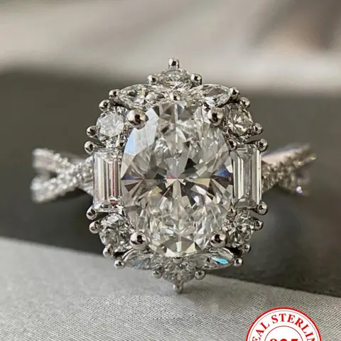 S925 Sterling Silver Oval Shaped Rhinestone Ring, Promise Ring for Women & Girls, Birthday Gift, Solitaire Engagement Ring with Box, Bridal Engagement Ring, Engagement Wedding Rings, Jewelry Ring, Beautiful Rings