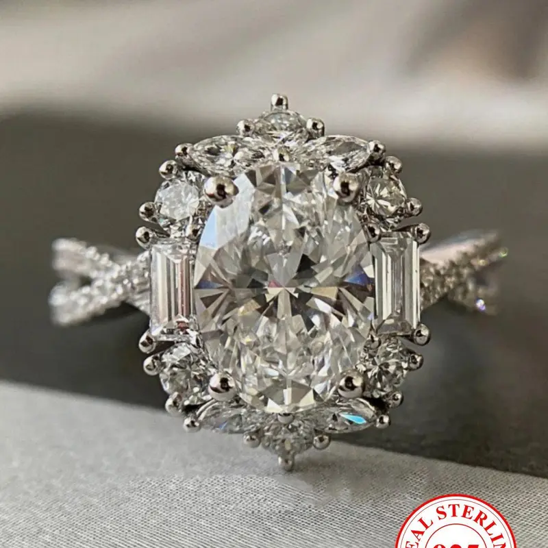 S925 Sterling Silver Oval Shaped Rhinestone Ring, Promise Ring for Women & Girls, Birthday Gift, Solitaire Engagement Ring with Box, Bridal Engagement Ring, Engagement Wedding Rings, Jewelry Ring, Beautiful Rings
