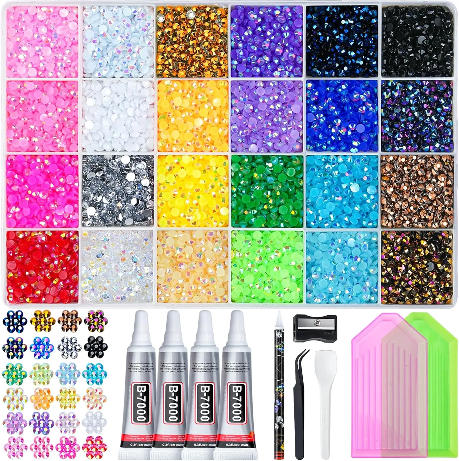35000 Pcs Resin Jelly Rhinestones Kit, Multicolor 3Mm Flatback Rhinestones with 4 Pcs B7000 Jewelry Glue & Tools, All-In-One Bedazzling Kit for DIY Arts & Crafts Gifts LOTWOW
