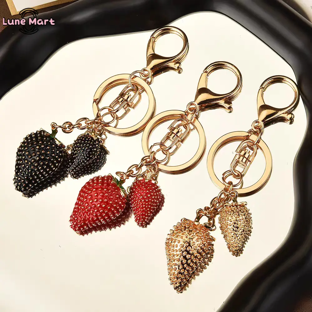 Women's Red, Black & Gold Double Strawberry 3D Fruit Keychain - Rhinestone-Inlaid, Gold-Plated Dainty Bag Charm Keychain with Chain-Attached Design, Bag Charm Keychains, Chain-Attached Keychains