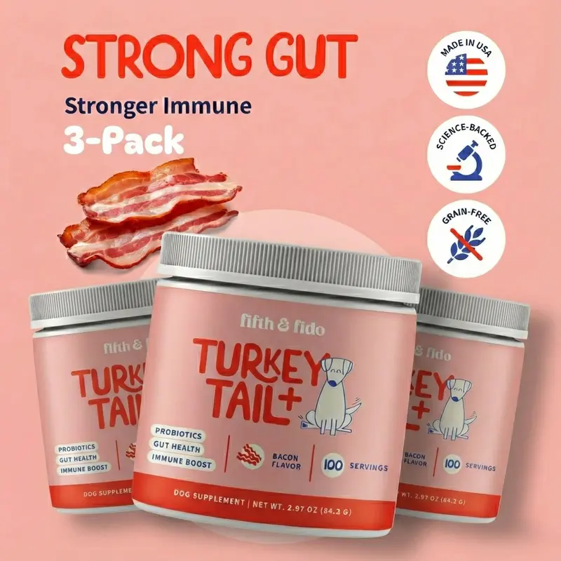 3-Pack of Turkey Tail+ - Dog Food Topper with Probiotics to Support Lipomas, Immune Support & Gut Health - 100 Servings each bottle with Bacon Flavor