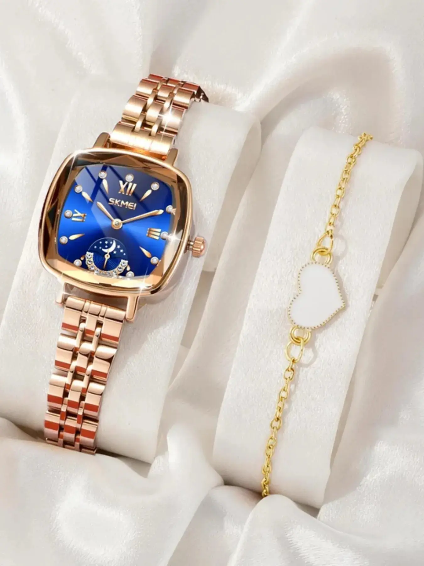 Skmei Moon Phase Watch & Bracelet Gift Box, Elegant Design, Quartz Movement, Blue Dial, Square Analog Face, All Seasons Wear