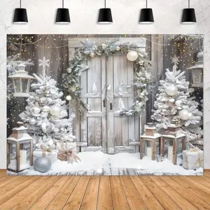 Winter Snowy Barn Door, Christmas Trees, Gift Boxes Background Banners - Winter Snow Scene with Xmas Tree and Teddy Bears, Multi-Sizes, Suitable Gifts, Ideal Birthday Parties, Theme Parties, Home Bedroom Decorations, Indoor And Outdoor Decorations
