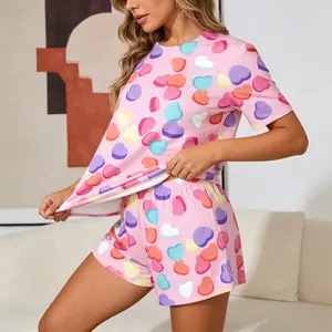 Women's Heart Print Short Sleeve Pajama Set, Pink Comfy Round Neck Top & Elastic Waist Pants, All Seasons Sleepwear & Loungewear