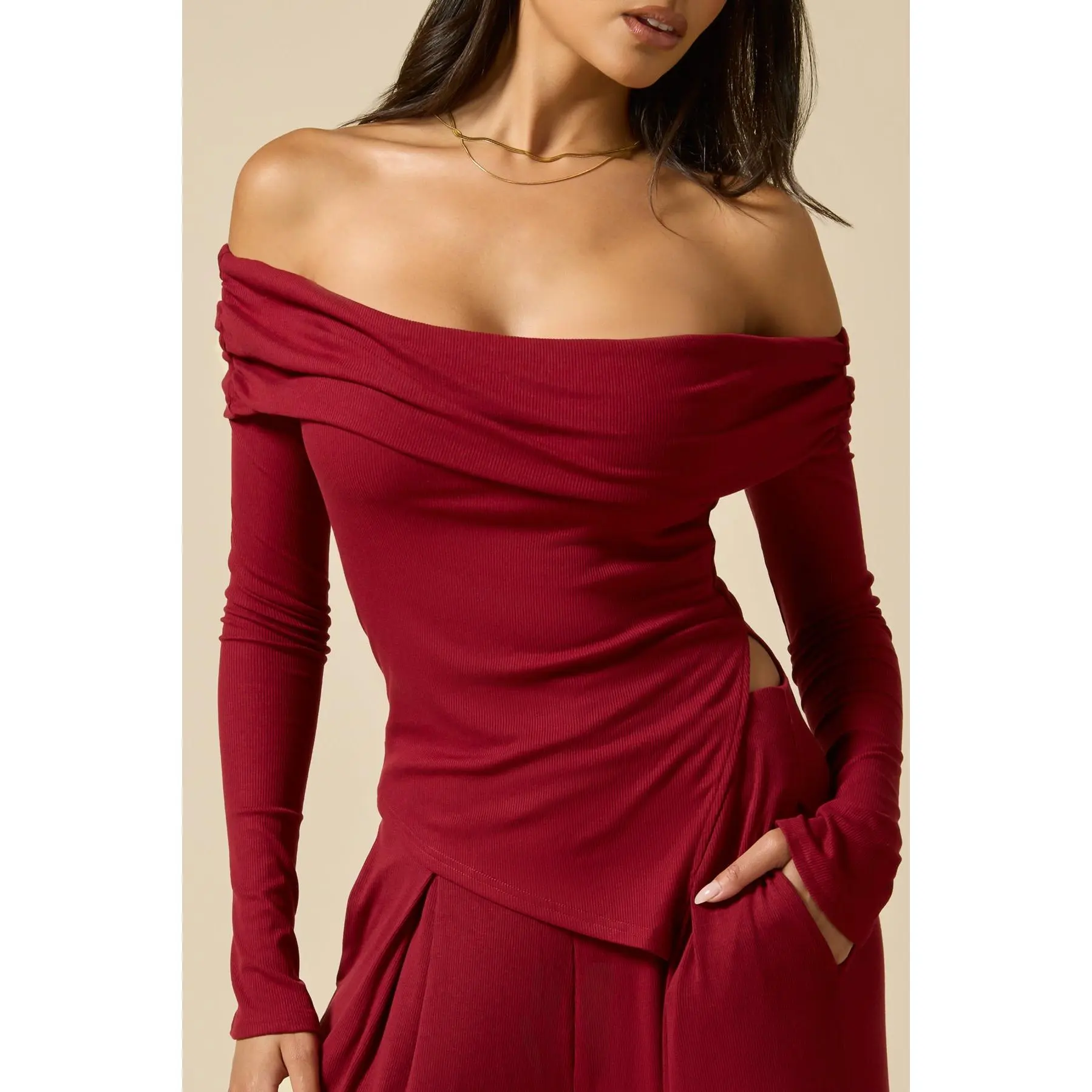 Olivia Off The Shoulder Long Sleeve - Deep Cherry
