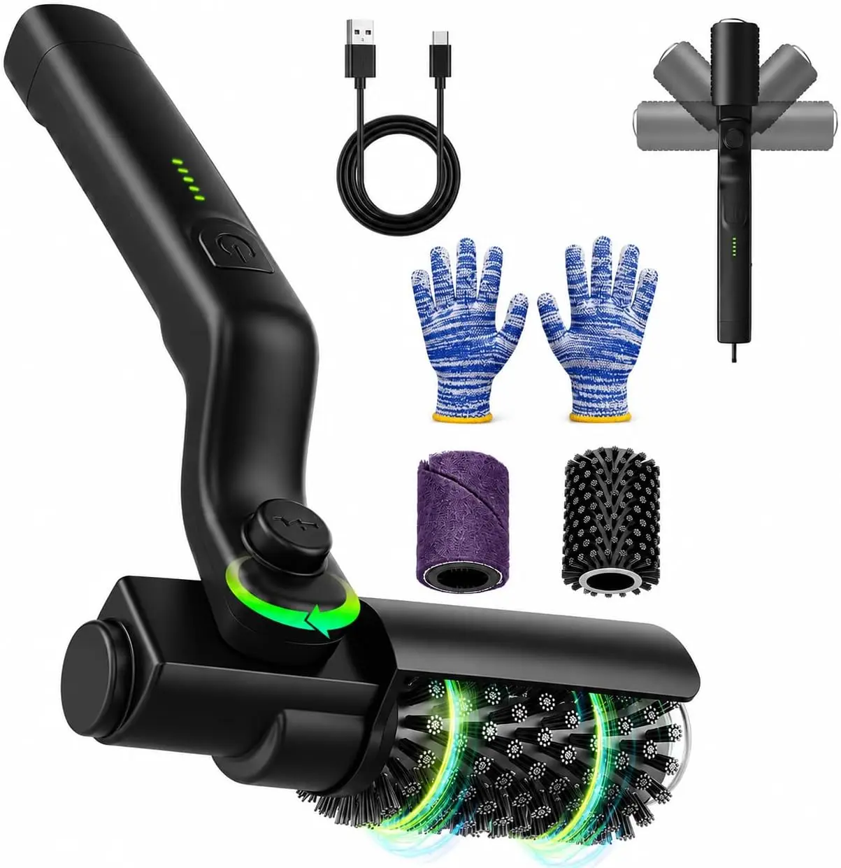 Electric Grill Brush with USB Charging – Cordless Rotating Grill Cleaning Brush with 2 Replacement Brush Heads & Microfiber Cloth for BBQ Grills, Grates & Outdoor Cooking