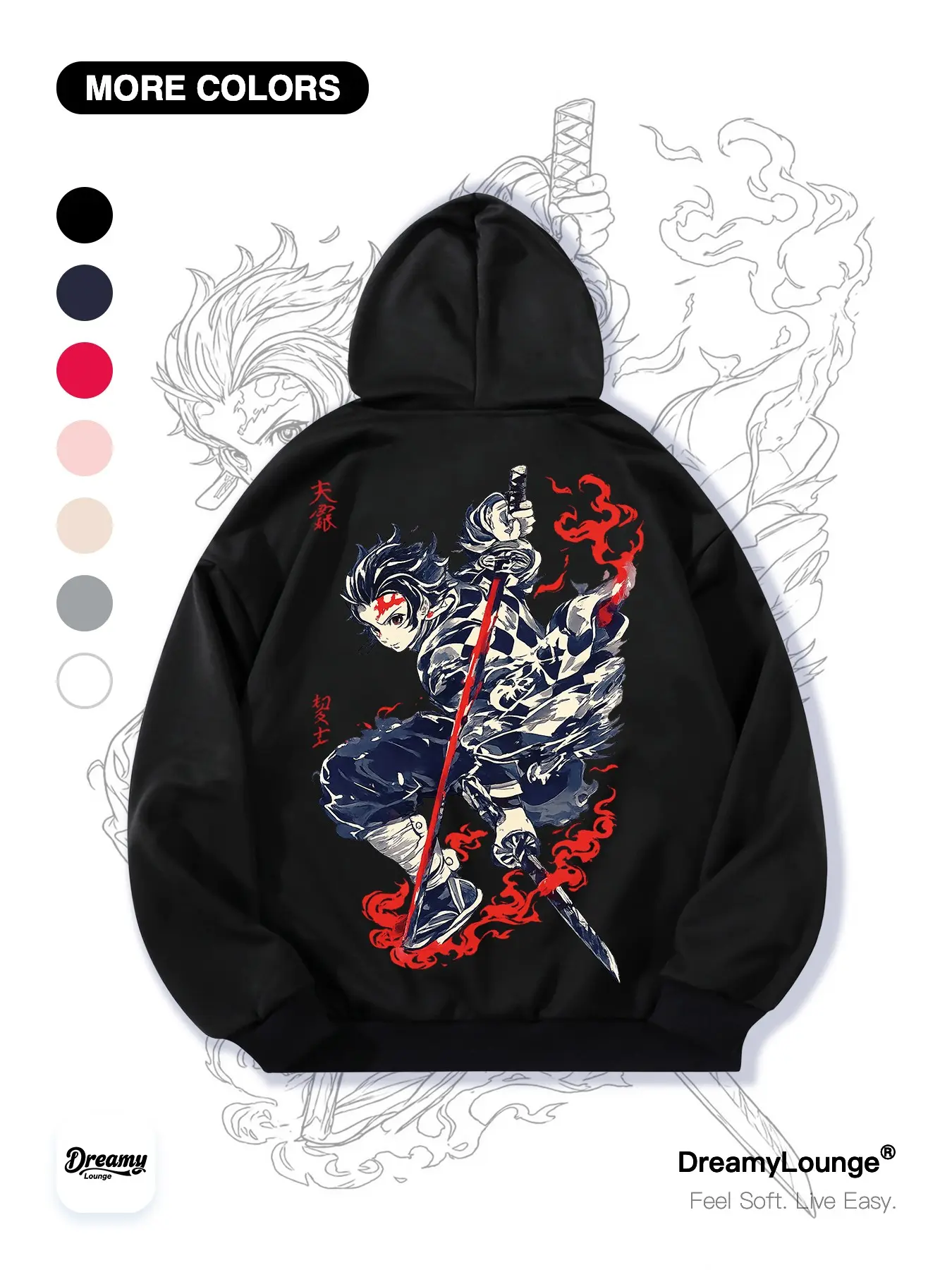 Demon Slayer Tanjiro Hoodie, Graphic Print, Long Sleeve, Loose Fit, with Pockets, Casual Fitted Sweatshirt, Ideal for Home Wear or Daily Use, Casual Streetwear Hoodie