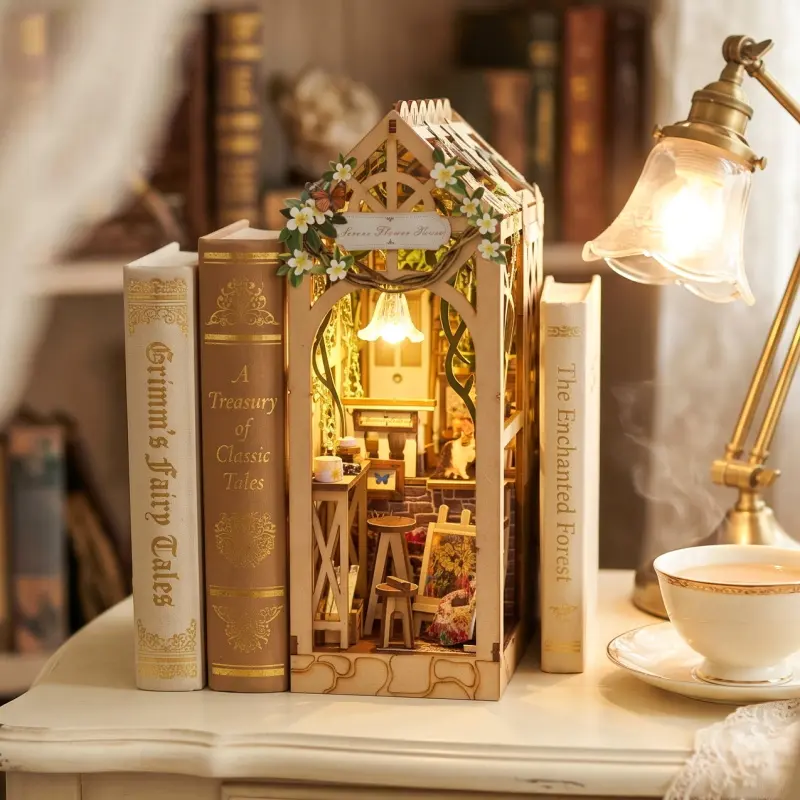 Wooden Greenhouse Miniature Book Nook Kit | DIY Craft Dollhouse with LED Light