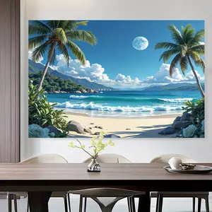 Hawaii Beach Scene Background Cloth - Tropical party banner with palm trees, waves, and full moon, made of polyester material, suitable for indoor/outdoor Hawaii parties, birthdays, weddings, summer decorations, photo booth backgrounds, holiday party