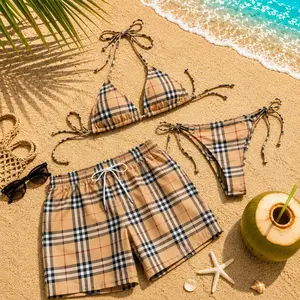 Burber Beige Plaid Couple Swimwear – Bikini & Board Shorts, Trendy Plaid Bikini & Men’s Swim Shorts Matching Outfit, Viral Couple Bikini & Men’s Shorts for Beach Vacation Gift
