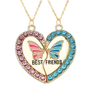 BFF Necklace for 2, Butterfly Best Friend Necklaces, Valentines Day Gifts Split Heart Friendship Necklaces Engraved Pendant