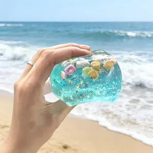 Ocean Theme Cube Stress Relief Toy, Shell and Star Sparkle, Soft Slow Rebound, Transparent Blue Gel, Anxiety Relief, Festival Gift