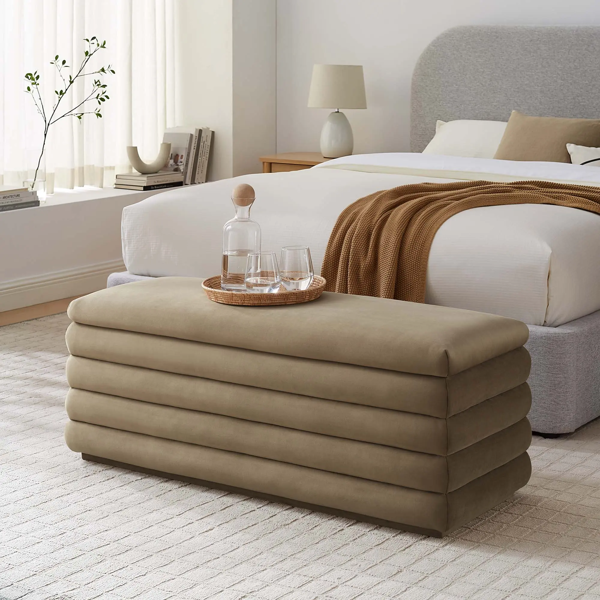Modway Mezzo Armless Rectangular Classic Channel Tufted Upholstered Ottoman - Dense Foam Performance Velvet Footstool with Spacious Storage Area, Stay-Open Hinge, Taupe Fully Assembled Indoor Furniture, 617 lbs Capacity Stool with Non-Marking Floor Glides