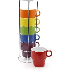 The  Brink House 8 OZ.  Stacking Coffee Mug Set with Metal Stand, Multi-ed Hand-Glazed Ceramic Stoneware