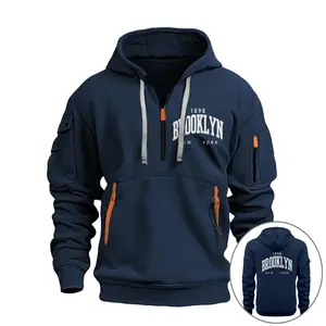 Men's Solid Color Zipper Pullover Hoodie with Zipper Pocket Autumn Winter Casual Long-Sleeved Hooded Sweatshirt for Daily Wear 01 - Menswear