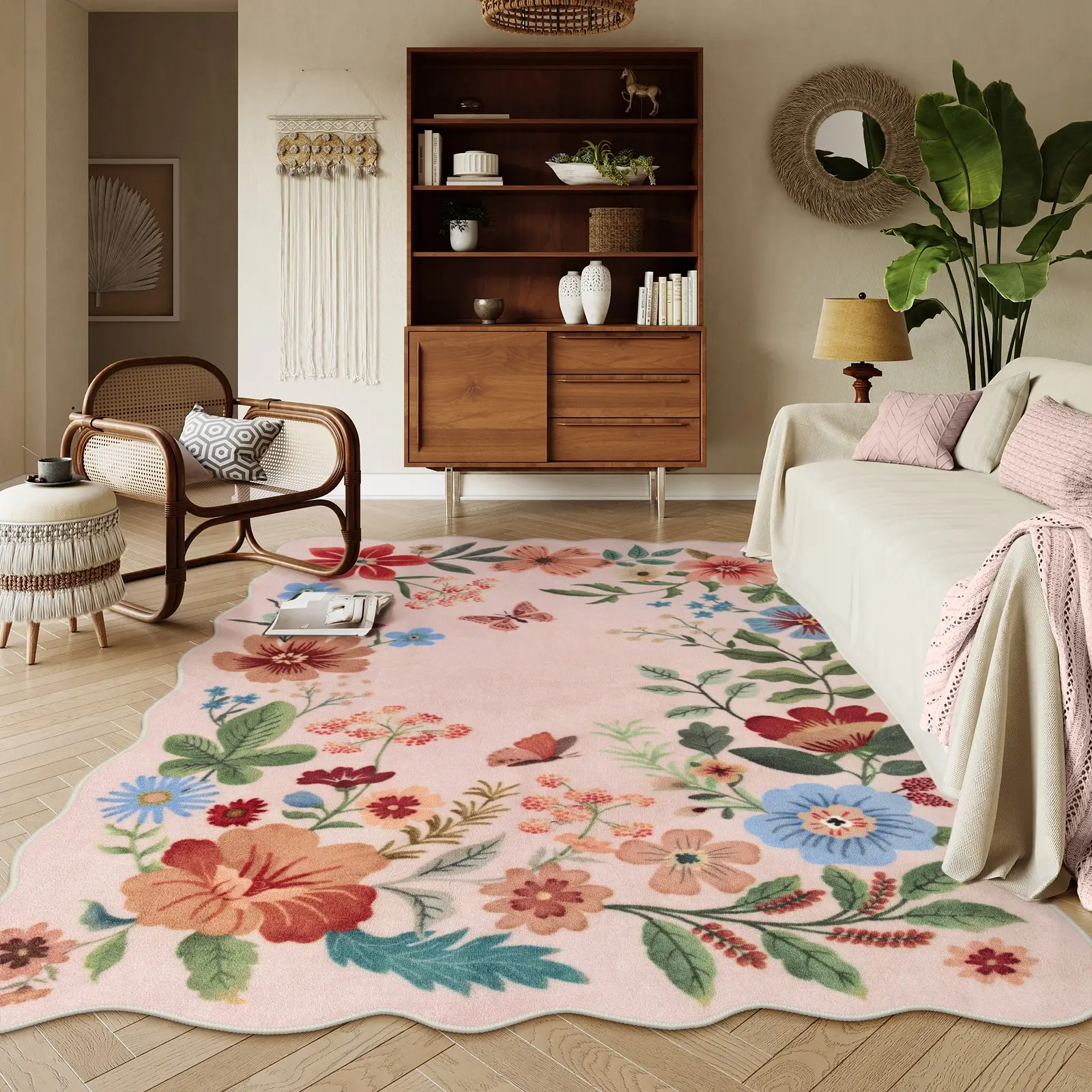 【FallFreshness】Lahome Floral Boho Soft Ultra-Thin Non-Slip Stain Resistant Washable Area Rug for Living Room, Bedroom, Nursery, Playroom and Classroom