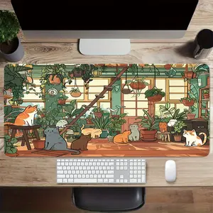 Cartoon Style Mouse Pad, Cat and Plant Design Desk Mat, Non-Slip Rubber Base, Washable Large Gaming Mouse Pad, 35.4x15.7 Inches