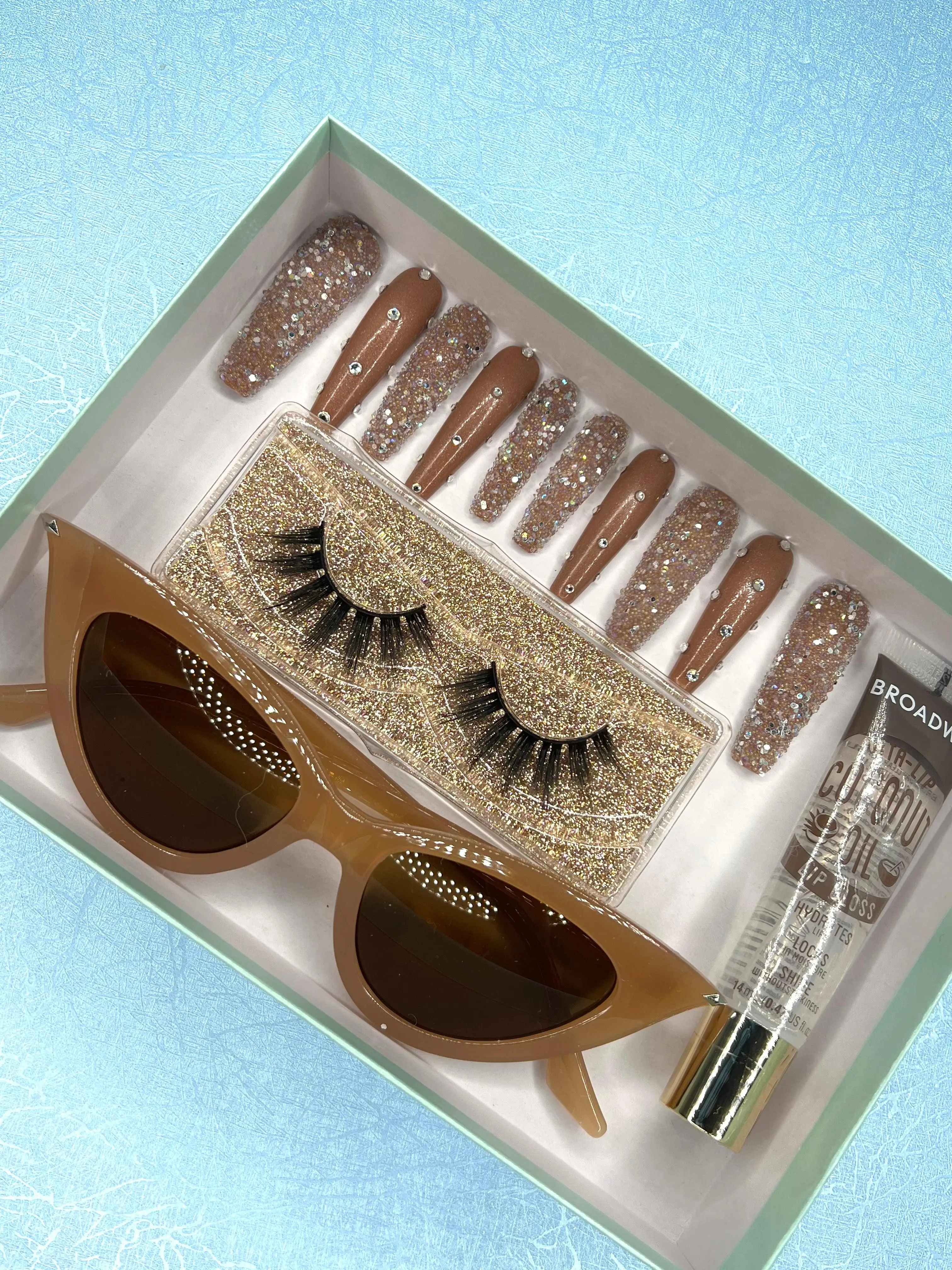 Brown Sugar Press On Nails Glam Box - Professional Quality Manicure at Home with Custom Sizing and Accessories - Nail Care