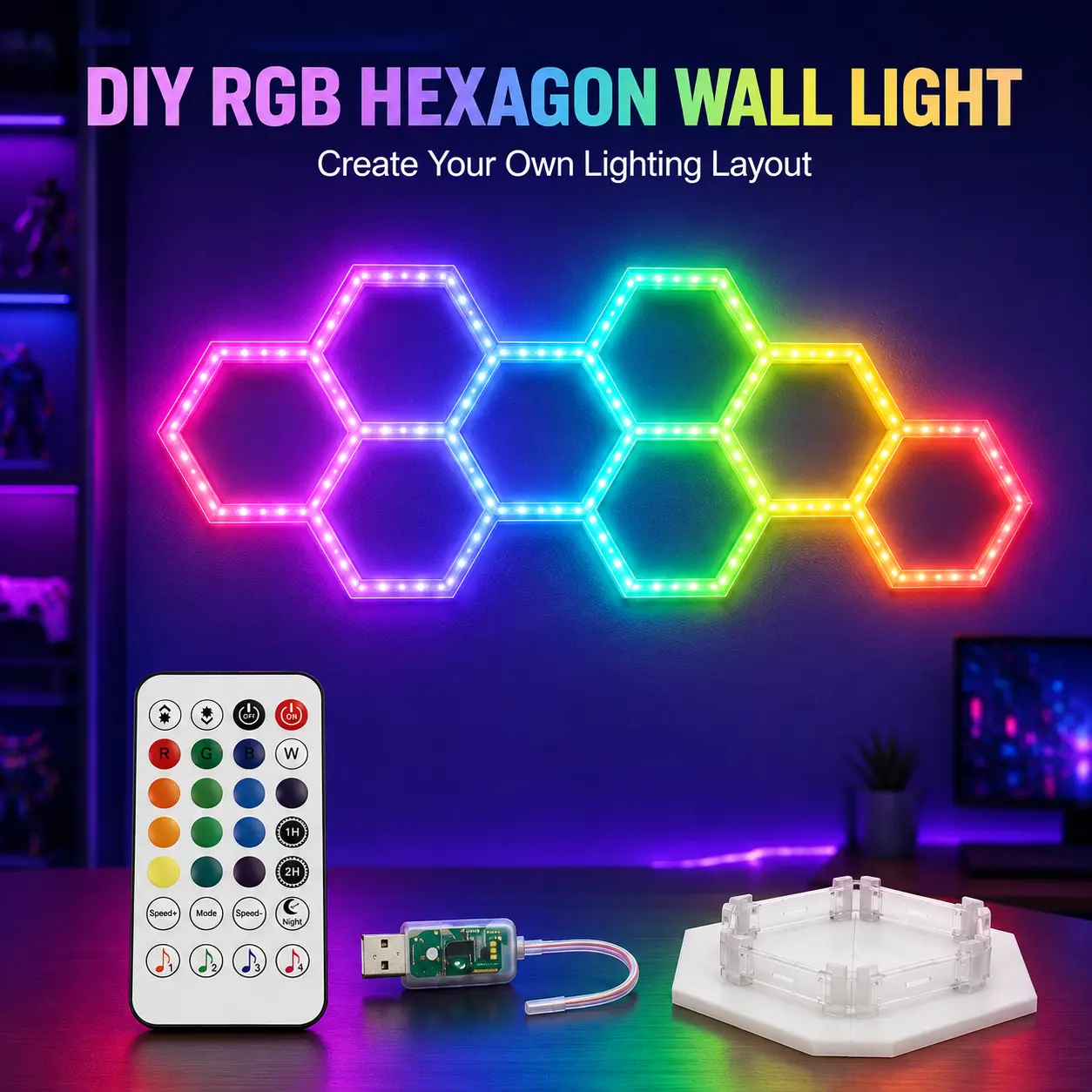 Customizable RGB Hexagon Light Panels, DIY Modular Wall Decor with App & Remote Control, Music Sync, USB Powered Lights for Gaming Room