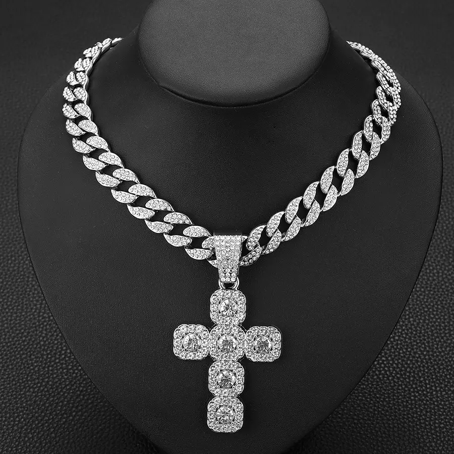 Fully Iced Out Cross Pendant Cuban Link Chain Silver Tone Bling Rhinestone Statement Fashion Streetwear Jewelry Necklace for Men & Women