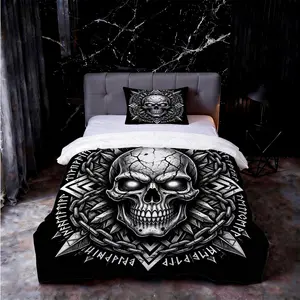 Dark Series Skull Print Comforter Set, 2/3pcs (1 Comforter + 1/2 Pillowcases, No Pillow Insert Included), Gothic Viking Style, U-Shape Quilted, Soft & Breathable, Ideal for Teens & Adults Bedroom/Guest Room Decor, Great Gift Choice