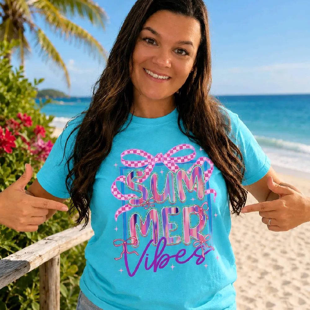 Women's Comfort Colors Casual Fashion Summer Vibes DTF Graphic T-Shirt - Lagoon Blue
