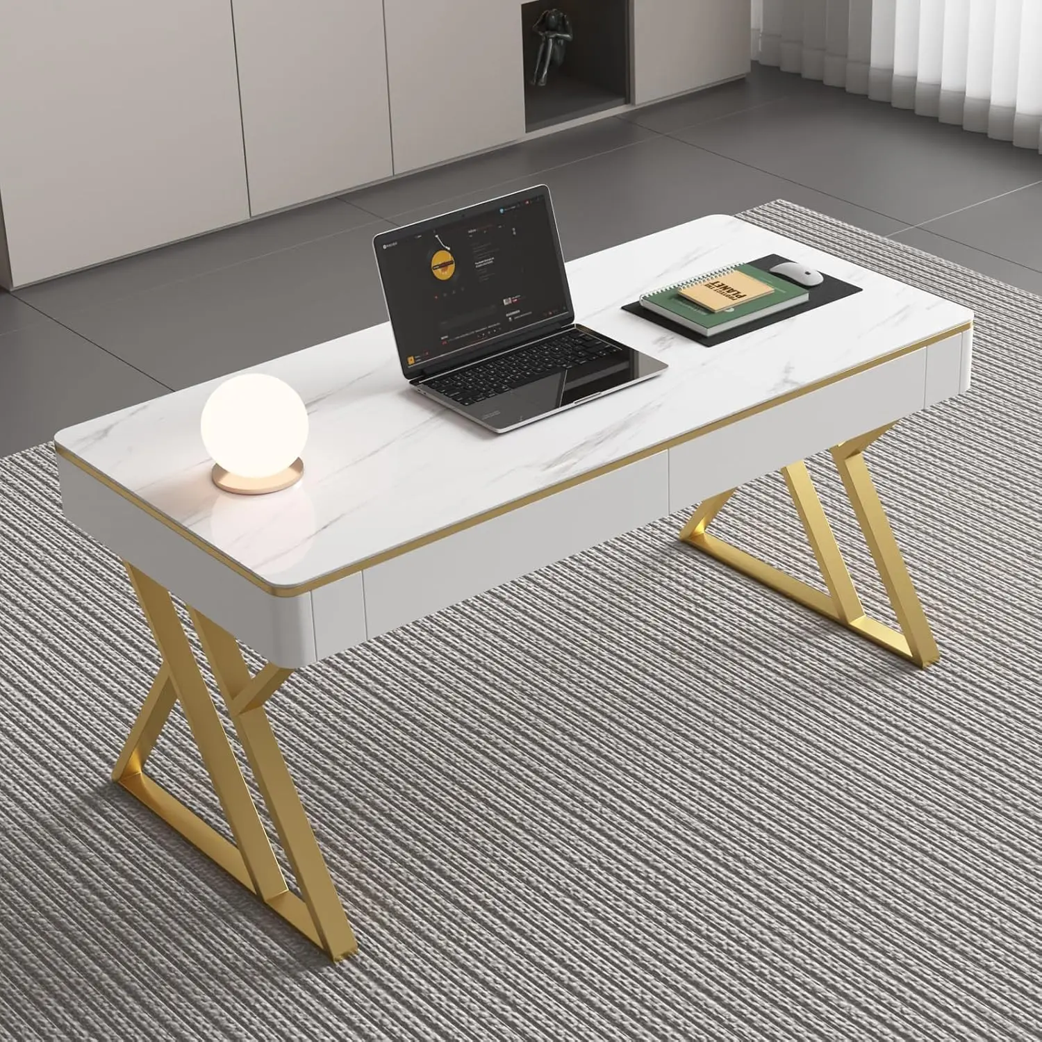 Aesthetic Marble Office Desk with Drawers, 47" Modern White Computer Desk with Glass Top & Charging Station, Minimalist Vanity & Writing Table for Bedroom
