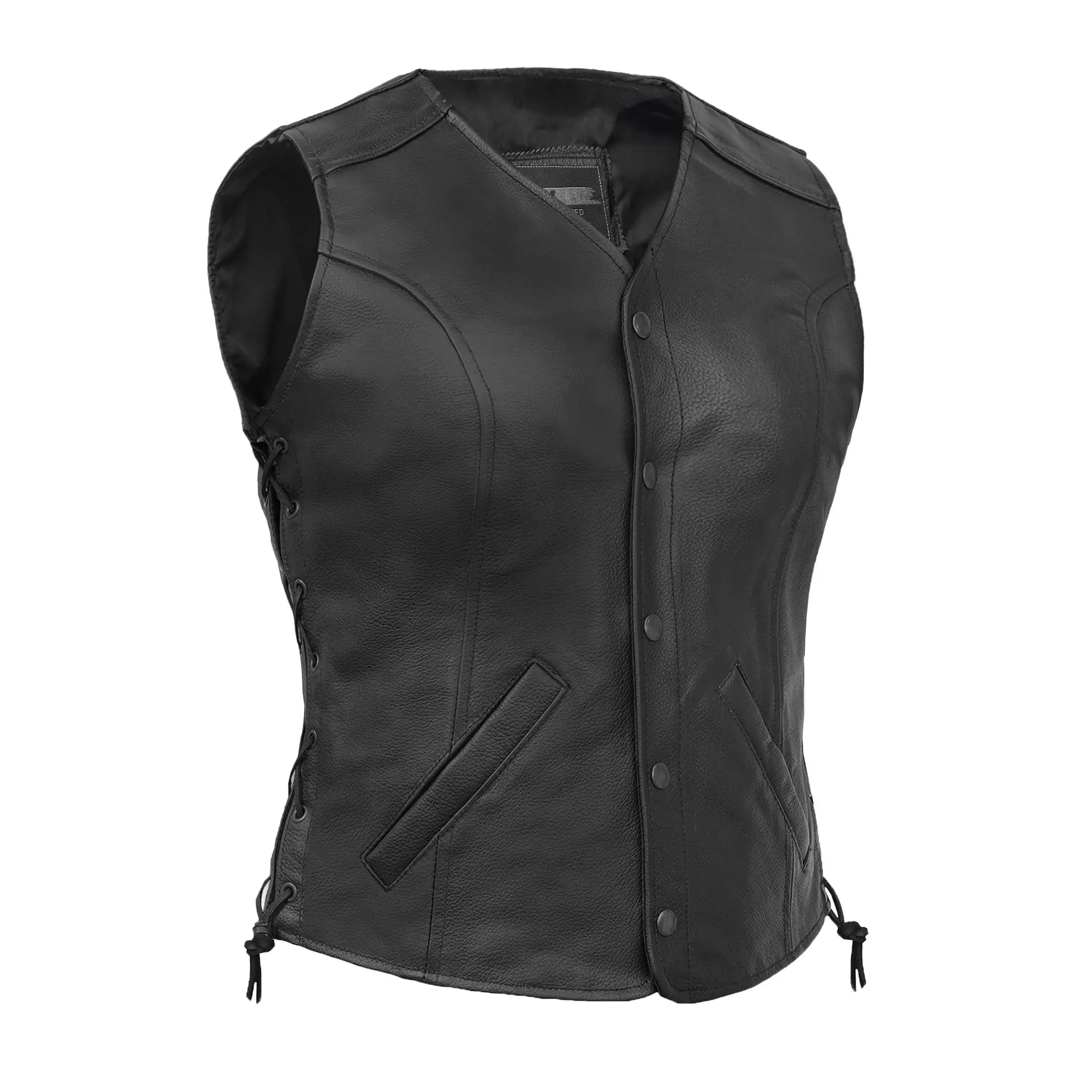 DANIEL SMART Lacera™ Women's Leather Motorcycle Vest - Motorcycle Gear, Milled Promo 1.1-1.2 mm Cowhide, Open Neck, Side Lacing, Antique Black, XS-5XL, Bike Style Vests, Laced Riding Vests