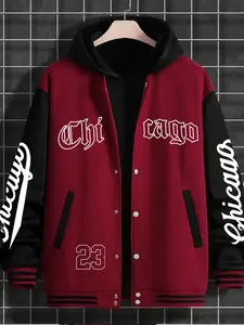 Men's Casual Letter Print Baseball Jacket, Chicago-23 Design, Fitted H-Type, Geometric Pattern, All Seasons Wear, Versatile Net Version