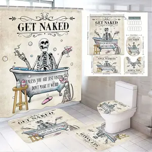 1/4pcs Vintage Gothic Skeleton Bathroom Curtain Set - Beige Light Yellow Shower Curtain Sets with 'GET NAKED' Text, 4 Bathtub Scenarios, Beige Toilet Cover & 2 Bath Mats, Halloween Retro Decor, Bathroom Decorations