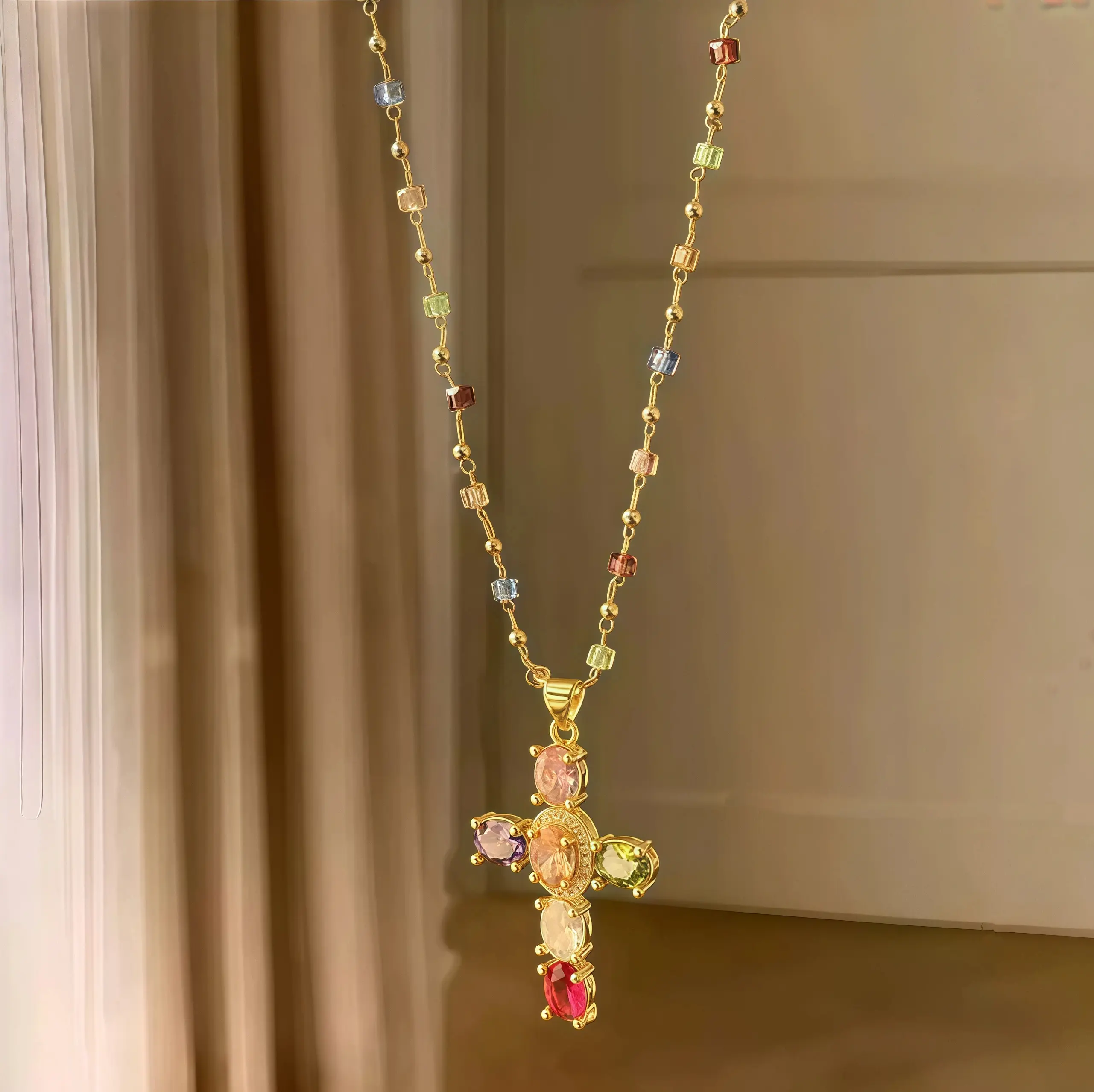 Rainbow Zirconia Cross Pendant Necklace Dainty Multicolor Crystal Choker Y2K Vintage Glam Trendy Jewelry for Women Stacking Layer Adjustable Chain Sweet Cool Girl Aesthetic Gift