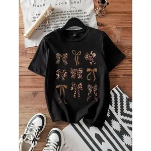 SHEIN EZwear Leopard Bow Decor Casual Minimalist Print Round Neck Short Sleeve Fitted Plus Size Women T-Shirt, Suitable For Summer