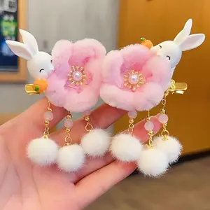 Cute rabbit fur ball hair accessory, suitable for girls, Chinese-style New Year hairpin, Hanfu New Year headpiece