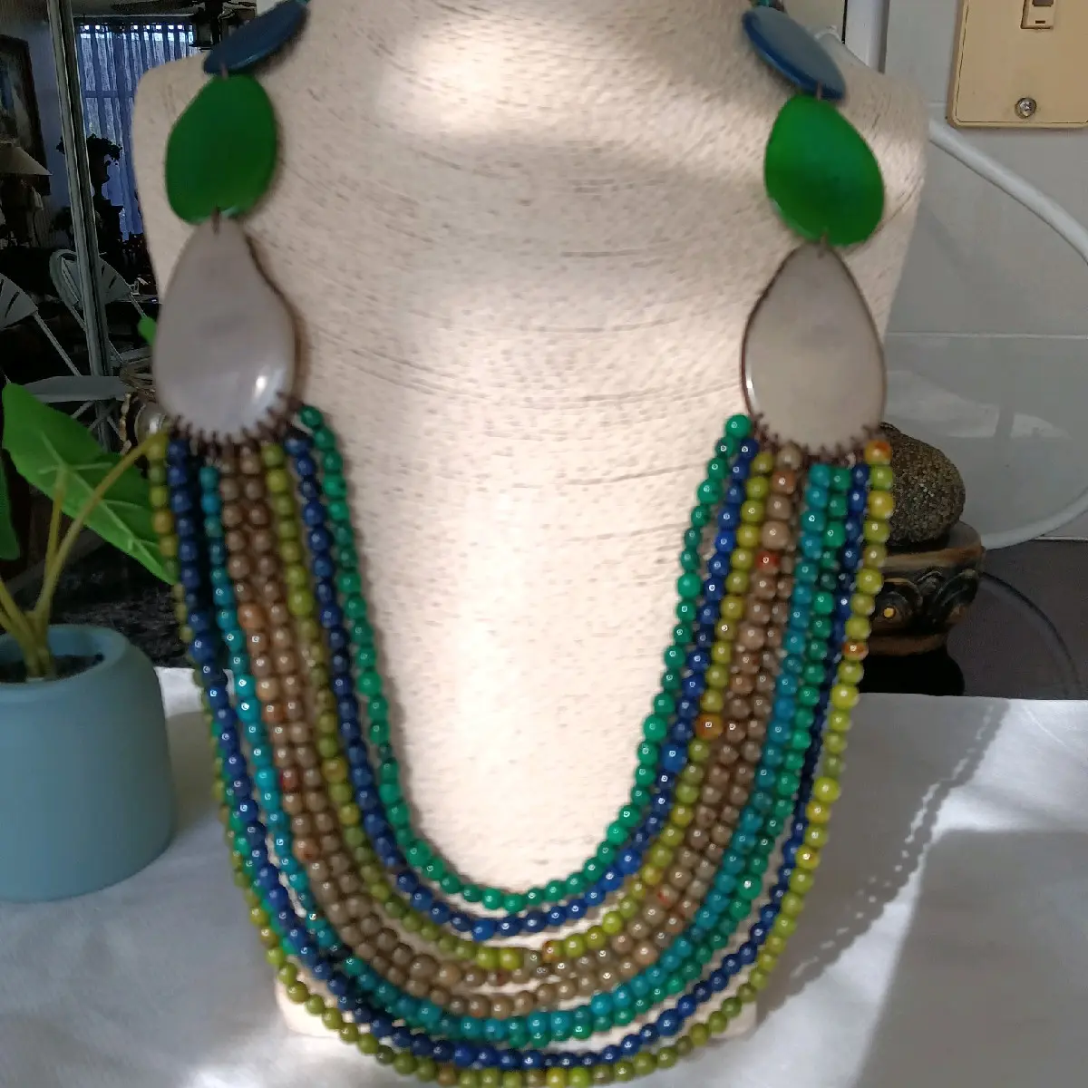 Tagua nut necklace, Earrings, Green, Blue, handmade organic jewelry, Ecuador