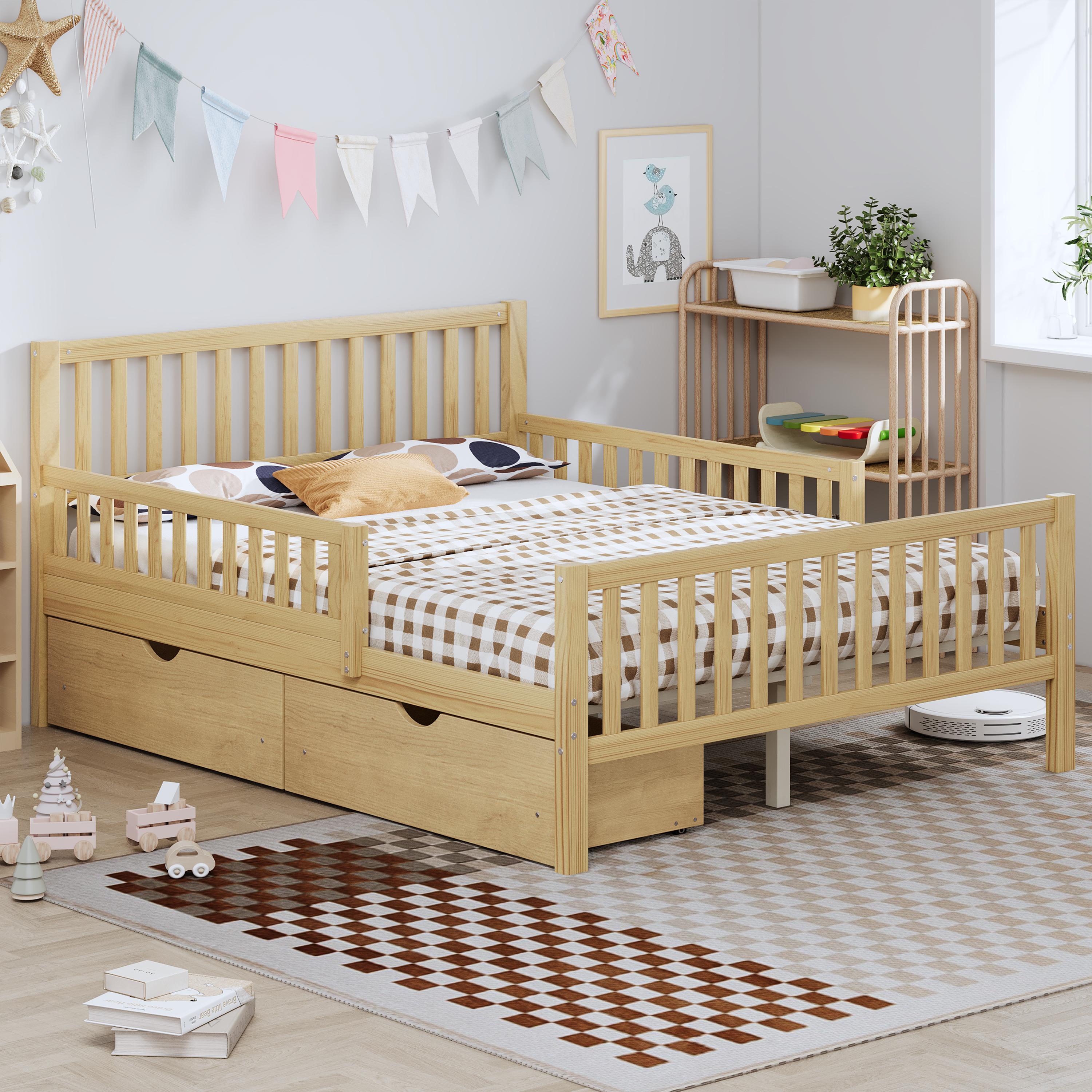 Eyisean Full Size Wooden Slat Support Platform Beds, Safety Bed Frame with Three-Side Guardrails, Space-Saving Daybed with Storage Drawers & Headboard, No Box Spring Needed, Easy Assembly for Bedroom