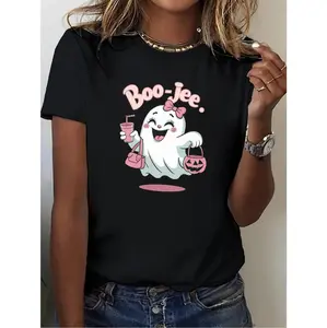 [100% Cotton] Spooky Halloween Women'S Cotton Tee Featuring Boo Jee And Pumpkin Design Short Sleeve Crew Neck Casual Top T-Shirt For Men And Women