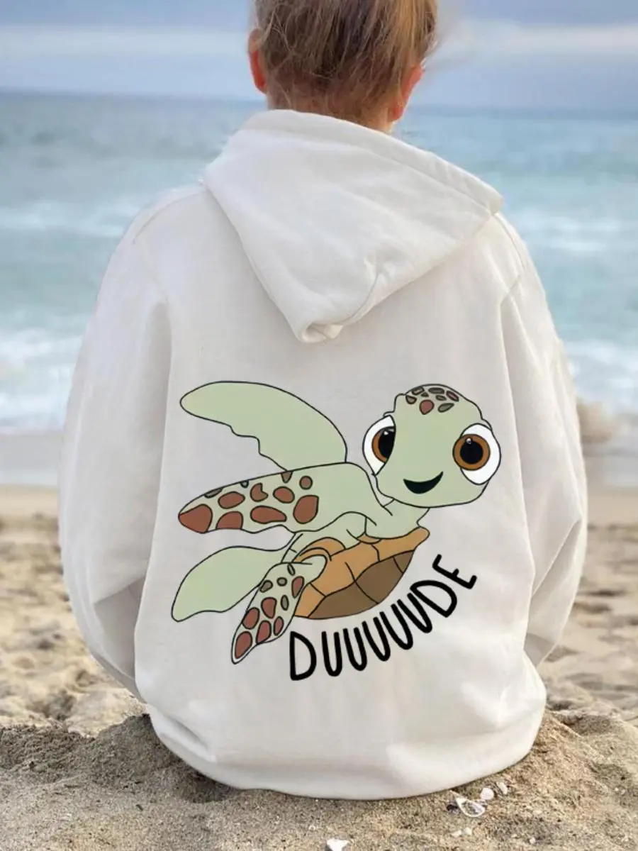 Women's Short-Sleeve Graphic Printed Pullover Hoodie, Casual Cotton Blend Basics Sweatshirt with Digital Print Cartoon Turtle, Drawstring Pocket, Classic Fit Chic Elegant Tops